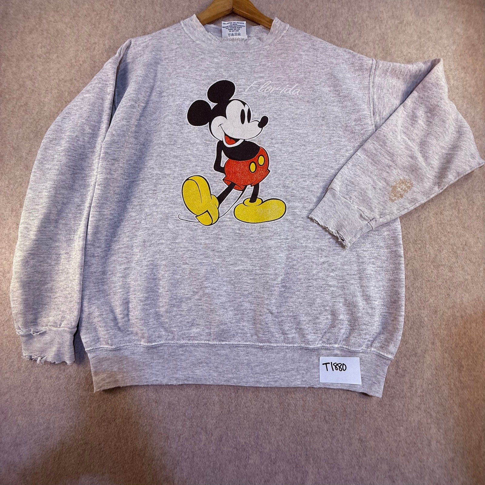 Vintage Velva Sheen Mickey Mouse Florida Sweatshirt Gray Xl Distressed Usa Made